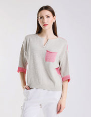 Color Contrast Front Pocket Sweater, Light Grey
