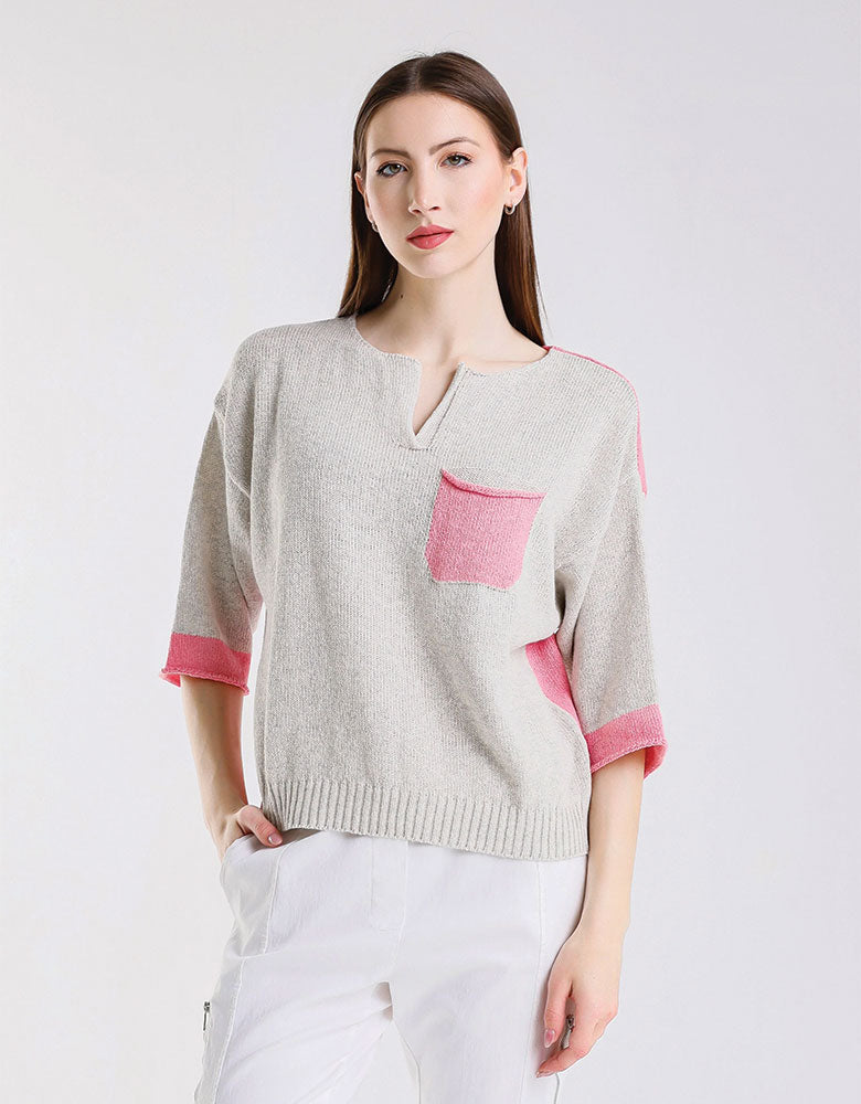 Color Contrast Front Pocket Sweater, Light Grey