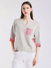 Color Contrast Front Pocket Sweater, Light Grey