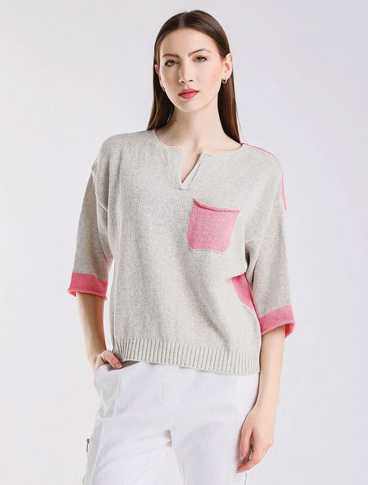 Color Contrast Front Pocket Sweater, Light Grey