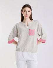 Color Contrast Front Pocket Sweater, Light Grey