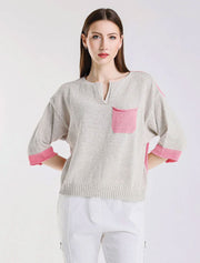 Color Contrast Front Pocket Sweater, Light Grey