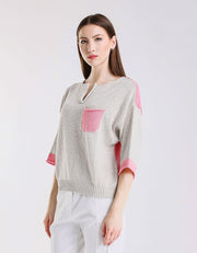 Color Contrast Front Pocket Sweater, Light Grey