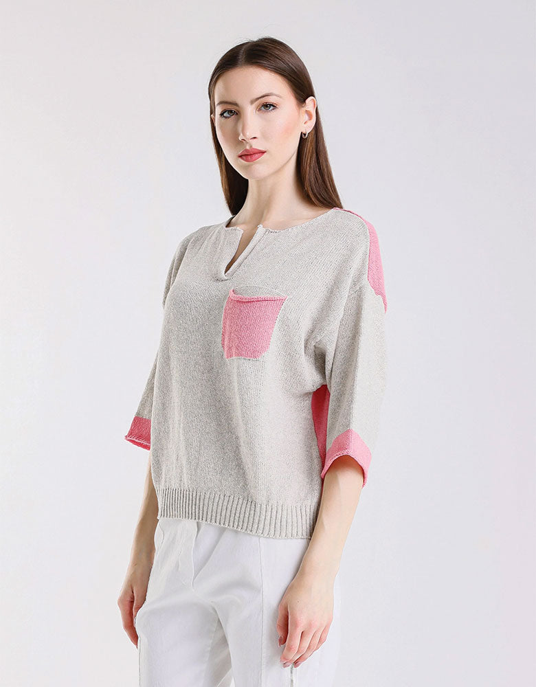 Color Contrast Front Pocket Sweater, Light Grey