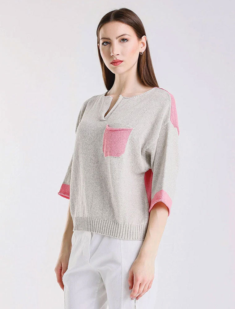 Color Contrast Front Pocket Sweater, Light Grey