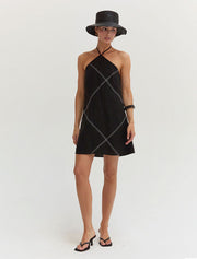 Contrast Stitch Halter Linen Mini Dress, Black