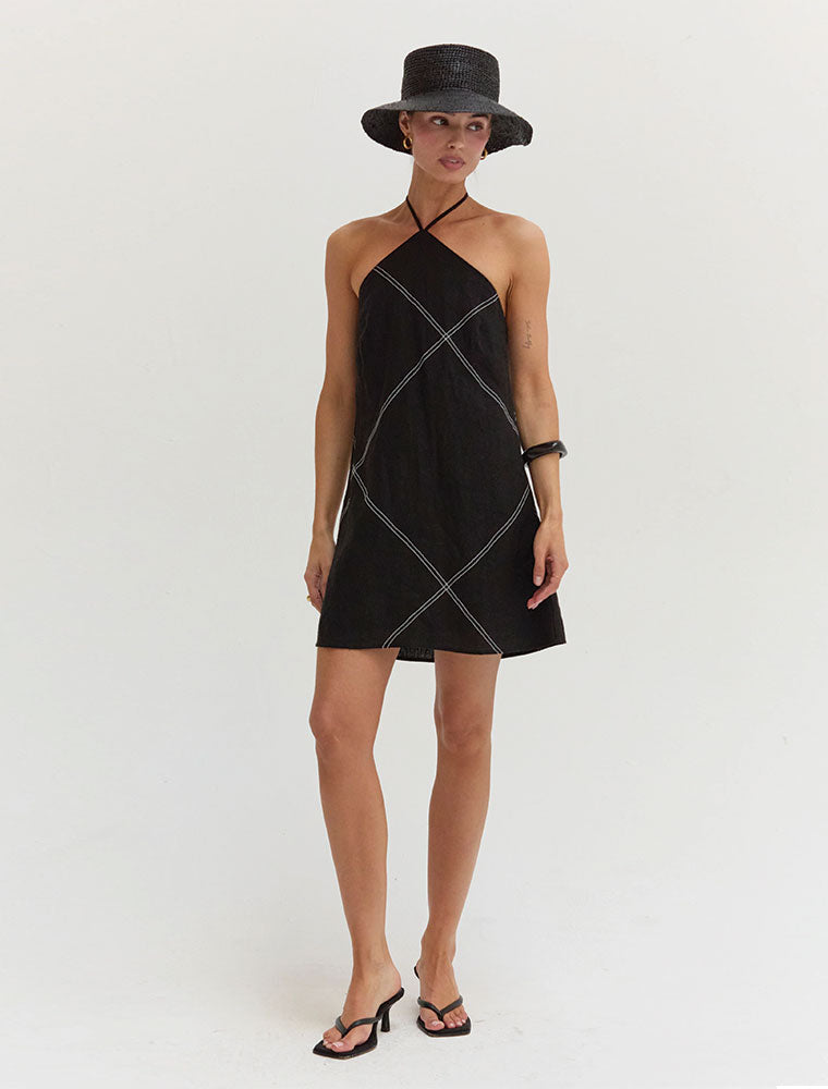 Contrast Stitch Halter Linen Mini Dress, Black