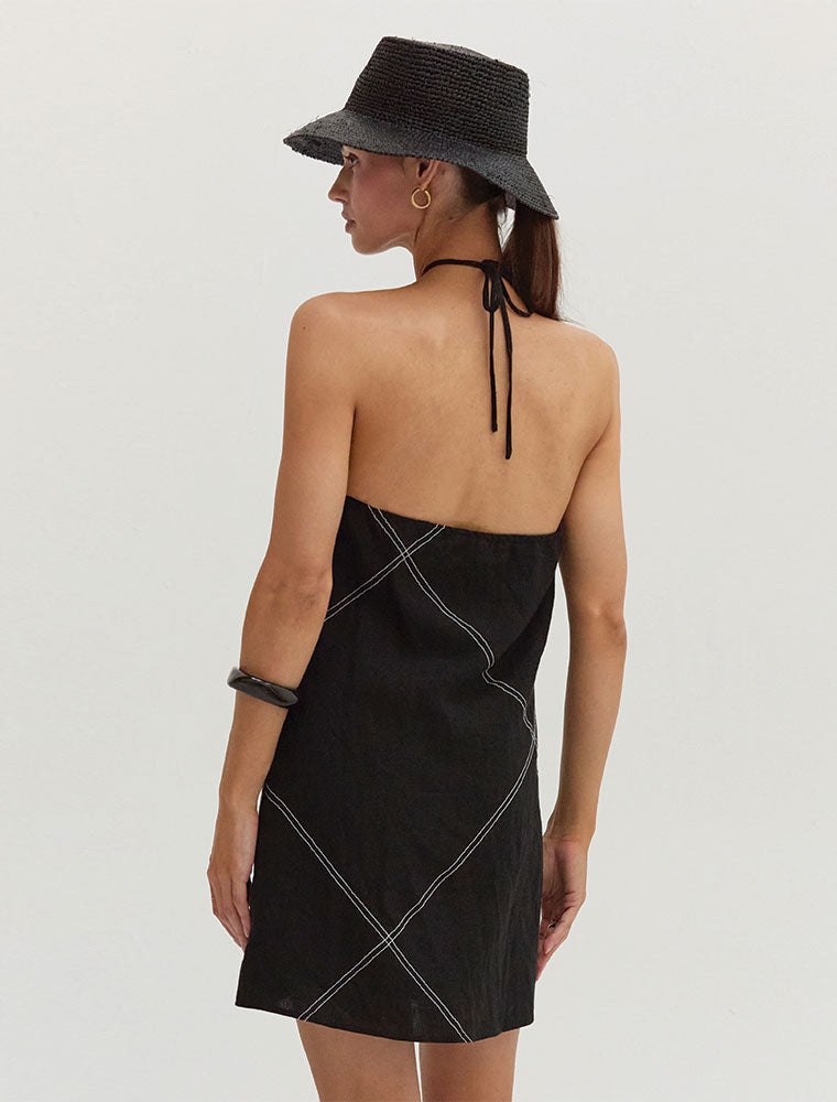 Contrast Stitch Halter Linen Mini Dress, Black