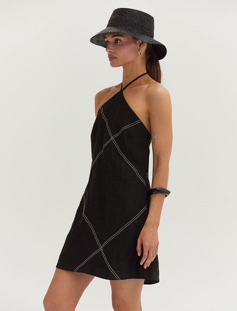Contrast Stitch Halter Linen Mini Dress, Black