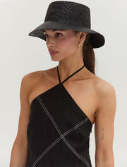 Contrast Stitch Halter Linen Mini Dress, Black