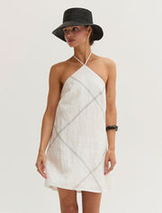 Contrast Stitch Halter Linen Mini Dress, White