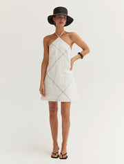 Contrast Stitch Halter Linen Mini Dress, White