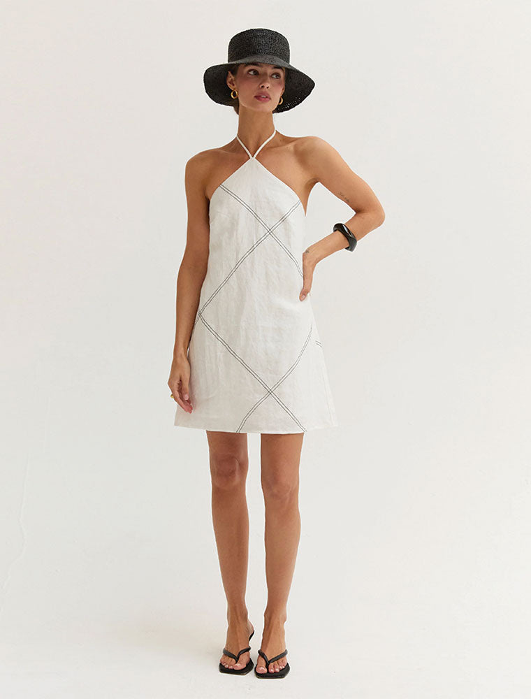 Contrast Stitch Halter Linen Mini Dress, White
