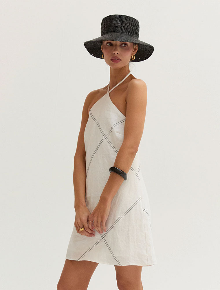 Contrast Stitch Halter Linen Mini Dress, White