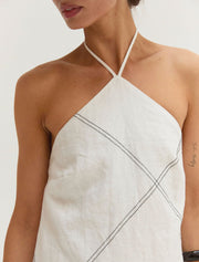 Contrast Stitch Halter Linen Mini Dress, White