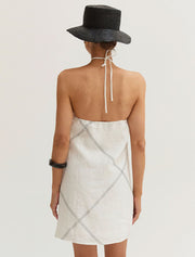 Contrast Stitch Halter Linen Mini Dress, White