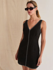 Contrast Stitching V-Neck Mini Dress, Black