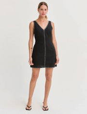 Contrast Stitching V-Neck Mini Dress, Black