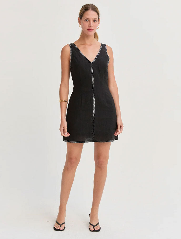 Contrast Stitching V-Neck Mini Dress, Black
