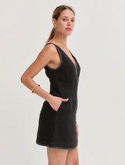 Contrast Stitching V-Neck Mini Dress, Black