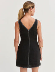 Contrast Stitching V-Neck Mini Dress, Black