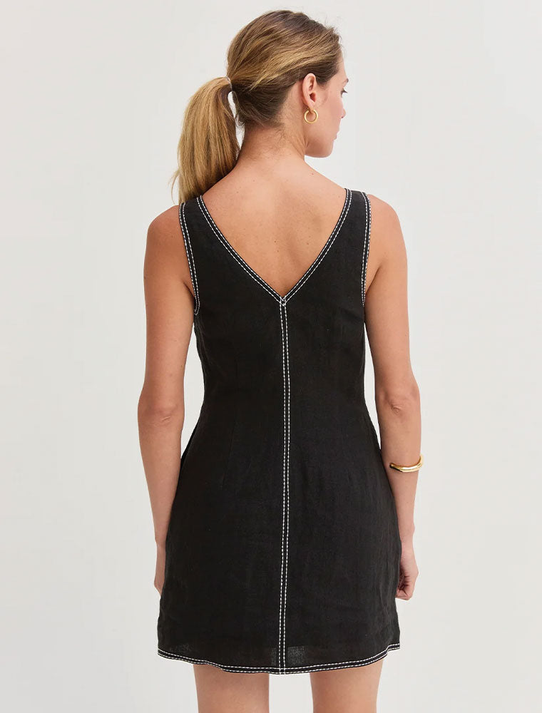 Contrast Stitching V-Neck Mini Dress, Black