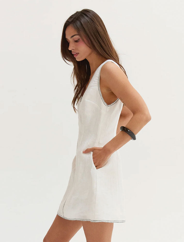 Contrast Stitching V-Neck Mini Dress, White