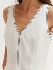 Contrast Stitching V-Neck Mini Dress, White