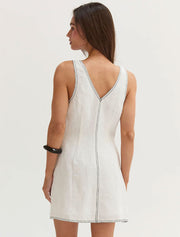 Contrast Stitching V-Neck Mini Dress, White