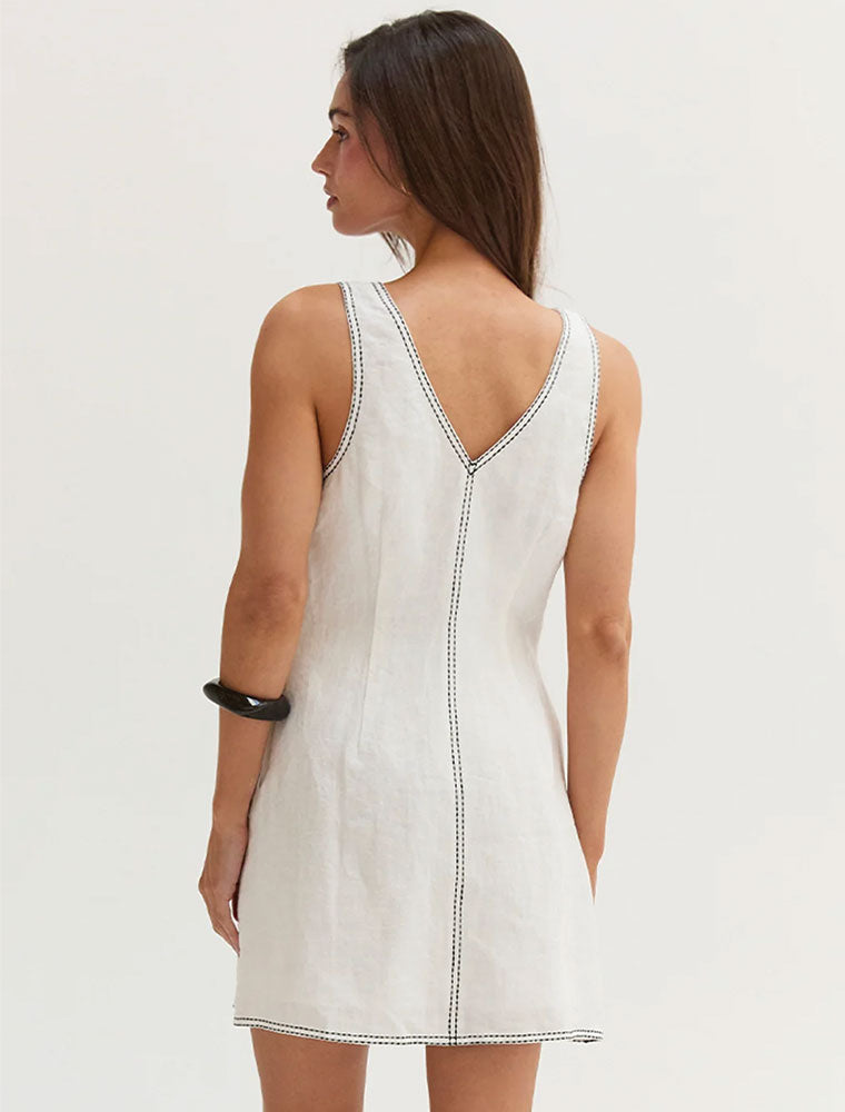 Contrast Stitching V-Neck Mini Dress, White