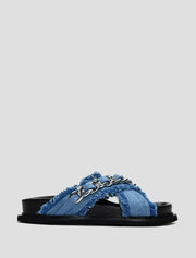 Criss-Cross Denim Sandals with Chain Detail