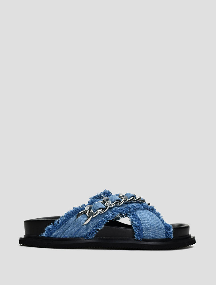 Criss-Cross Denim Sandals with Chain Detail