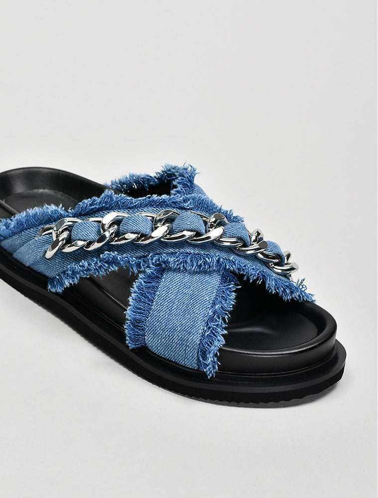 Criss-Cross Denim Sandals with Chain Detail
