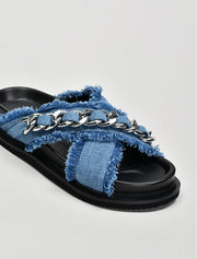 Criss-Cross Denim Sandals with Chain Detail