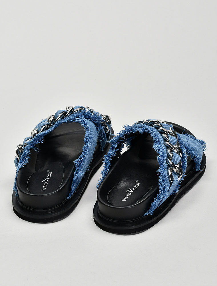 Criss-Cross Denim Sandals with Chain Detail