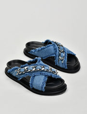 Criss-Cross Denim Sandals with Chain Detail