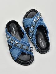 Criss-Cross Denim Sandals with Chain Detail
