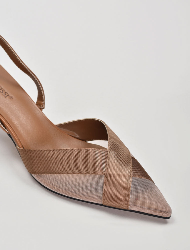 Criss-Cross Mesh Slingback Pumps, Medium Brown