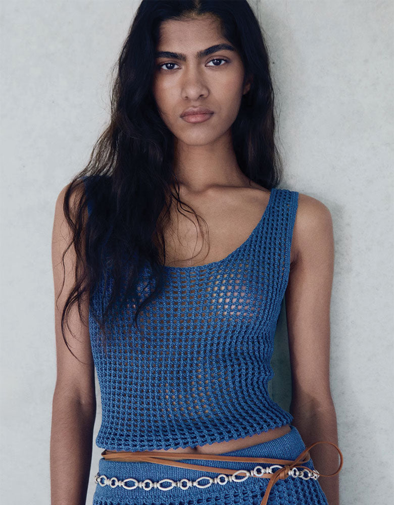 Crochet Openwork Crop Top, Blue