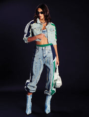 Cropped Denim Jacket with Green & Blue Sleeve