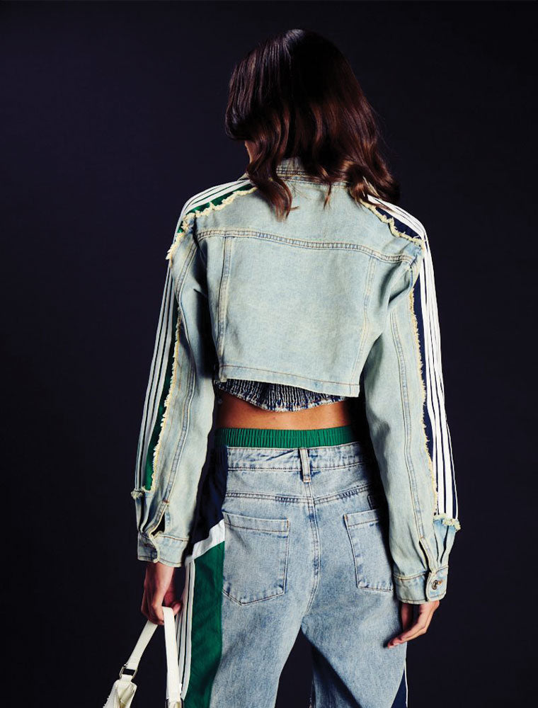 Cropped Denim Jacket with Green & Blue Sleeve