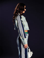 Cropped Denim Jacket with Green & Blue Sleeve