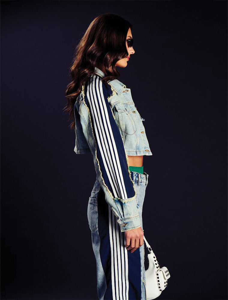 Cropped Denim Jacket with Green & Blue Sleeve