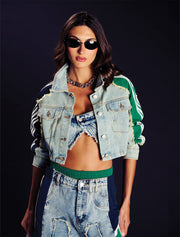 Cropped Denim Jacket with Green & Blue Sleeve
