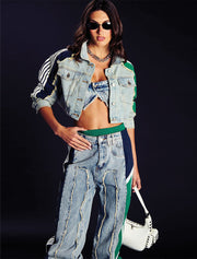 Cropped Denim Jacket with Green & Blue Sleeve