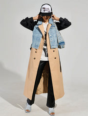 Denim Trench with Faux Leather Detail, Beige