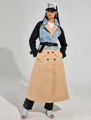 Denim Trench with Faux Leather Detail, Beige