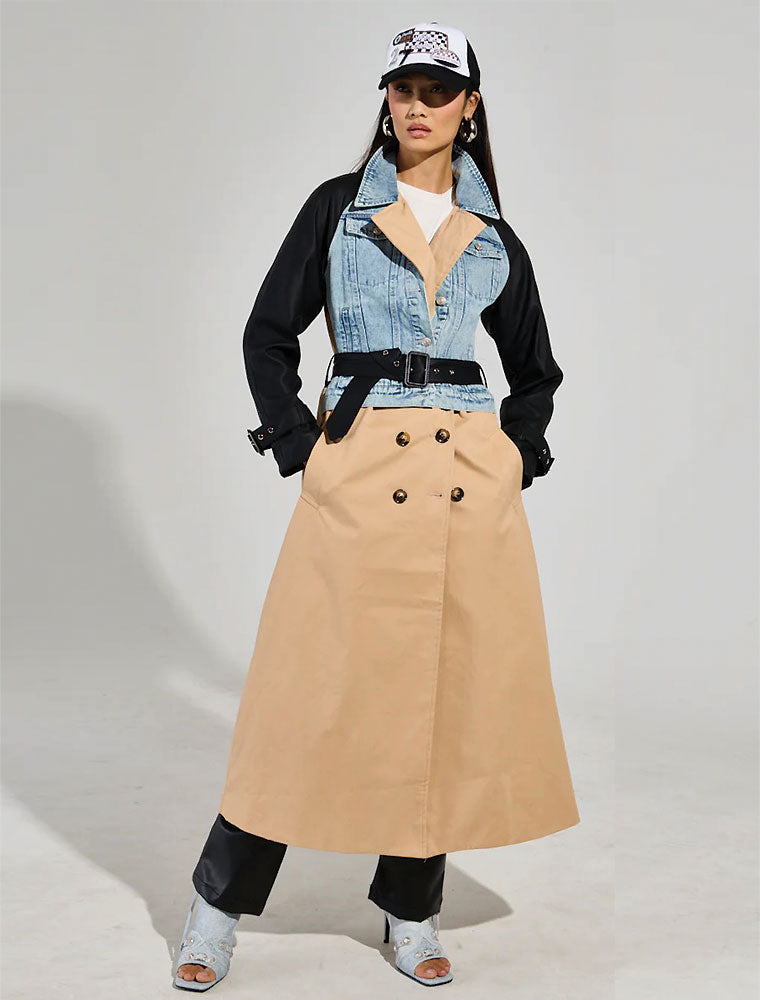 Denim Trench with Faux Leather Detail, Beige