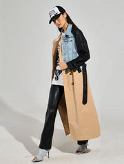 Denim Trench with Faux Leather Detail, Beige