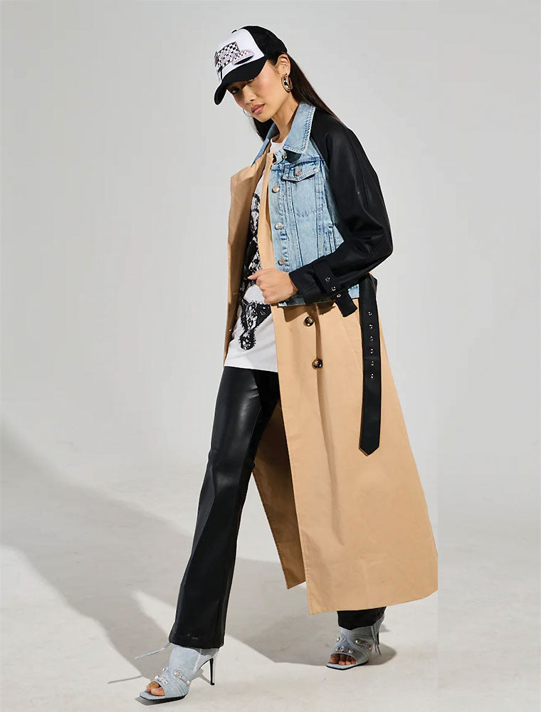 Denim Trench with Faux Leather Detail, Beige